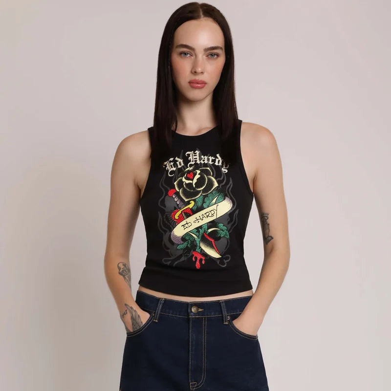 ED HARDY BLACK ROSE RHINESTONE TANK BLACK – PRIVATE SNEAKERS