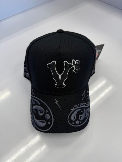 VILLAIN ATTIRE V'S BLACK ON BLACK HAT