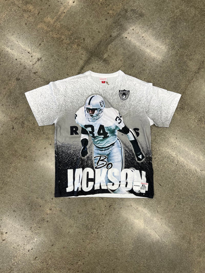 MITCHELL & NESS NFL PLAYER BURST SUBLIMATED TEE VINTAGE LOGO RAIDERS BO JACKSON