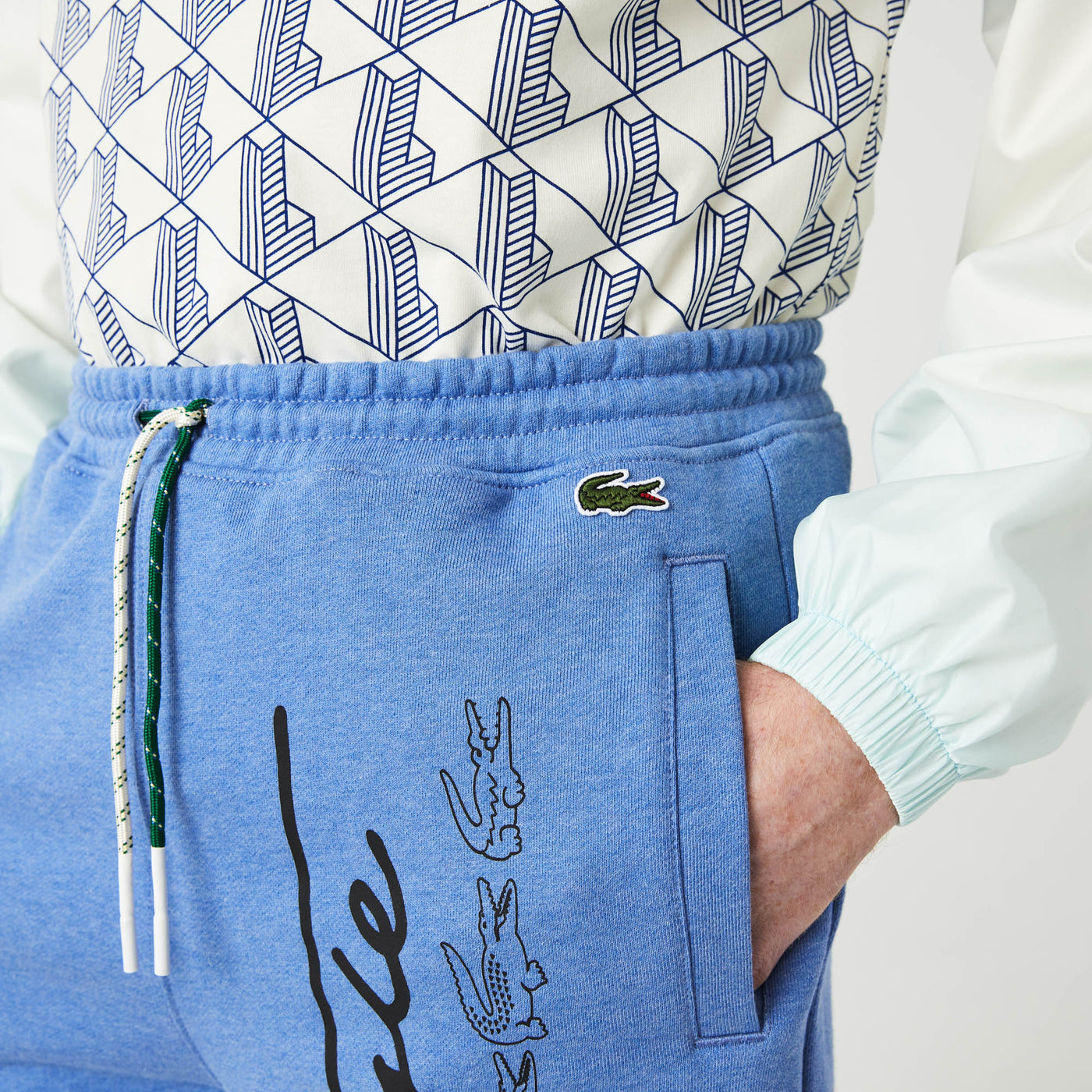 Lacoste Signature Print Cotton Fleece Shorts Blue Chine Detail