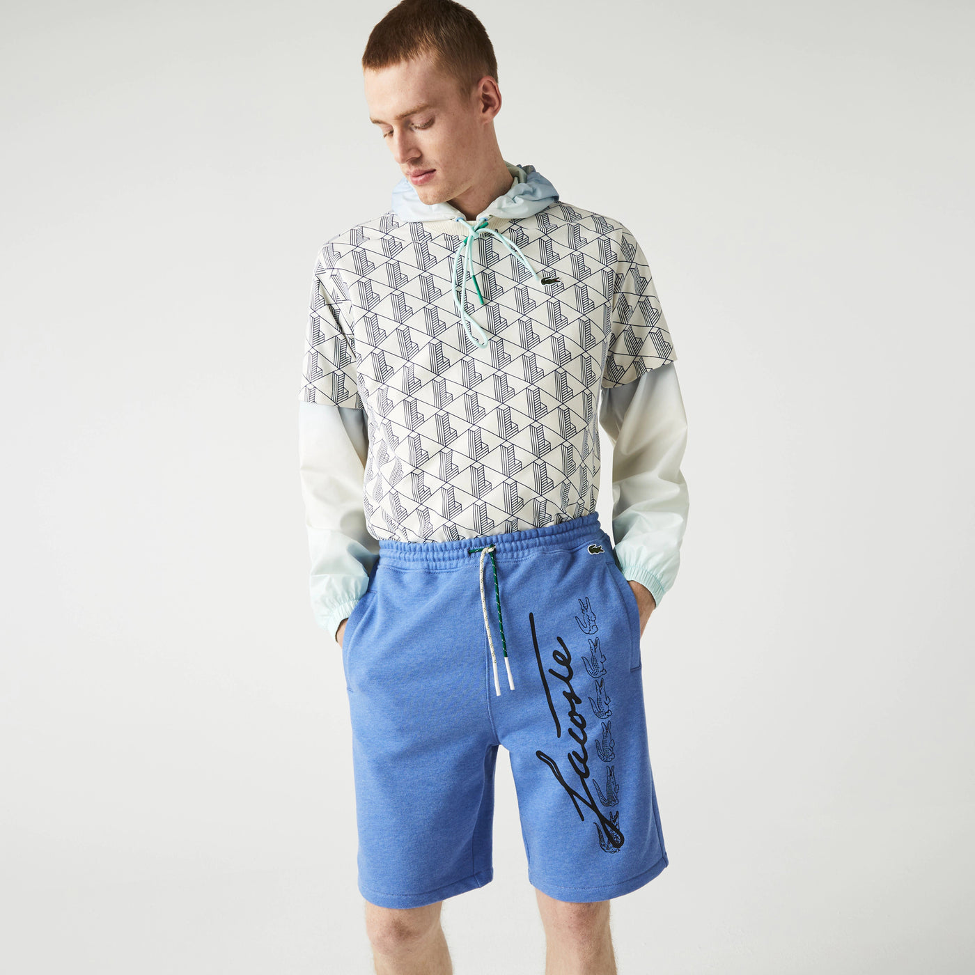 Lacoste Signature Print Cotton Fleece Shorts Blue Chine Front
